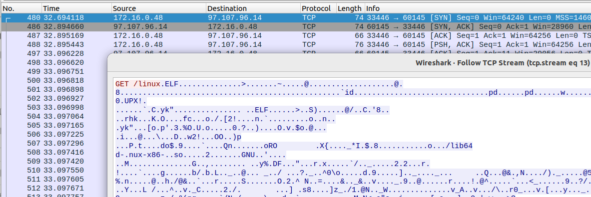 画像 3 は Wireshark のスクリーンショットです。上に表示されているウィンドウの最初の行に PTPInfect のダウンロードを示す GET linux が表示されています。