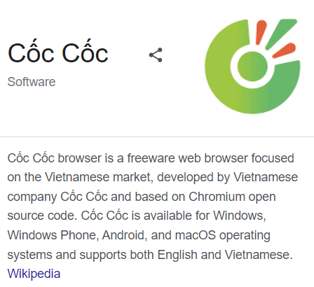 画像 22 は、Cốc Cốc ブラウザーの Wikipedia の説明です。Cốc Cốc ブラウザーは、ベトナム市場にフォーカスするフリーウェアのソフトウェアです。このソフトウェアを開発しているのはベトナム企業の Cốc Cốc で、これは Chromium のオープン ソース コードをベースにしています。Windows、Windows Phone、Android、macOS オペレーティング システムで利用でき、英語とベトナム語の両方をサポートしています。この図には Wikipedia へのリンクがあります。