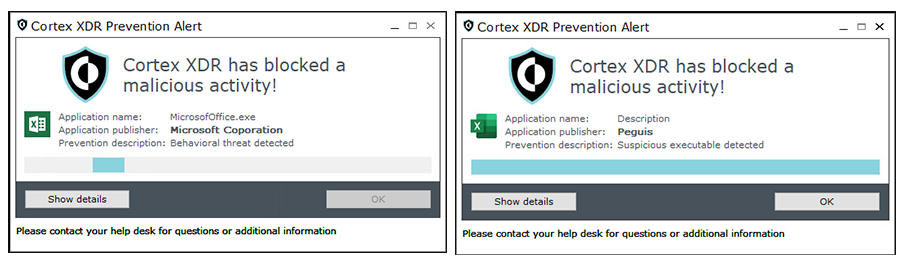 画像 24 は、Cortex XDR の防止アラートを示す 2 つのスクリーンショットです。これらの図で Cortex XDR は悪意のあるアクティビティをブロックしています。どちらのスクリーンショットにもアプリケーション名、アプリケーション、発行者、防止に関する説明が表示されています。エンドユーザーは詳細を確認するか [OK] をクリックします。