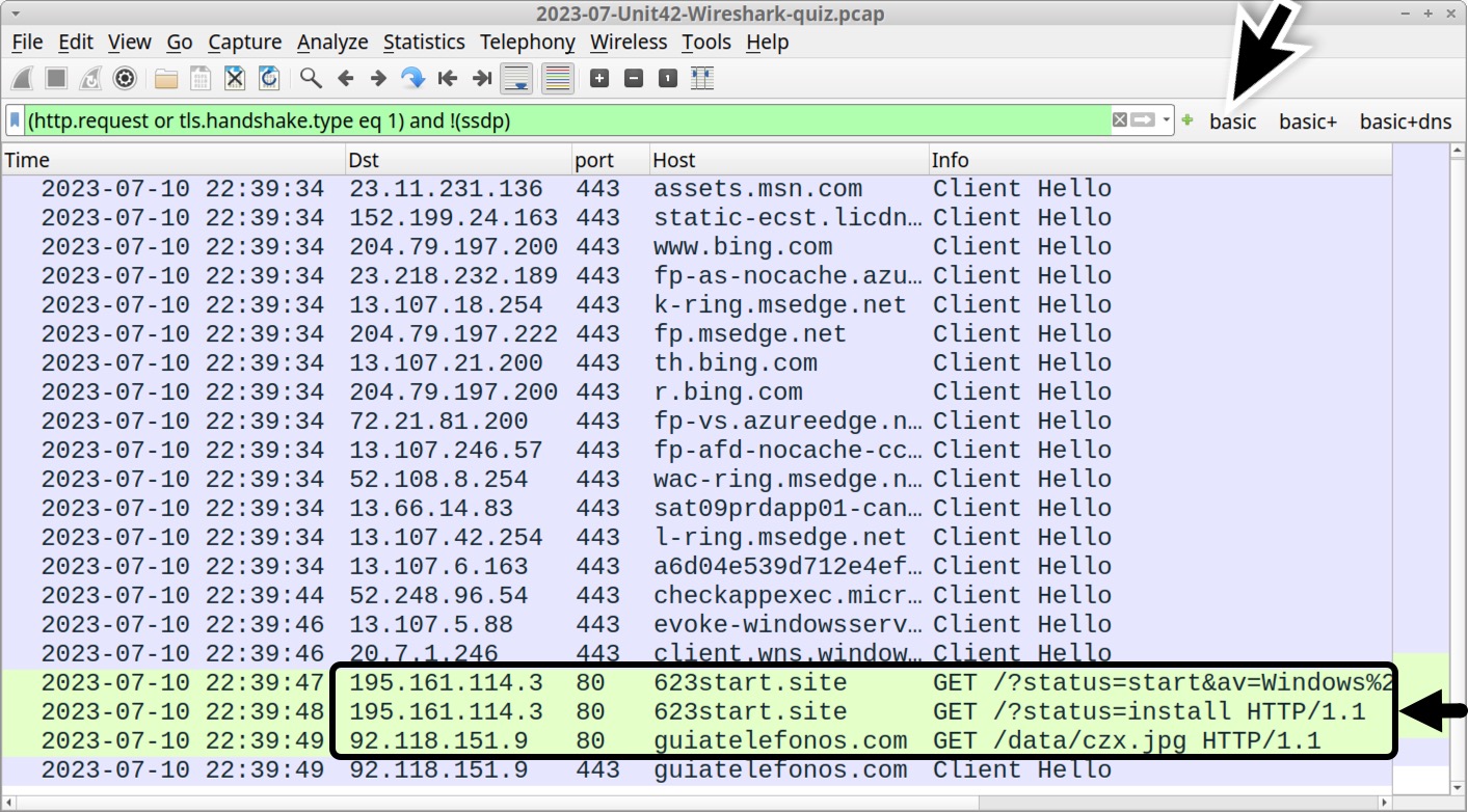 画像 4 は Wireshark のスクリーンショットです。黒い矢印は、「basic」フィルターを適用することを示しています。黒い四角で 3 行分の Dst、port、Host、Info 列を囲っています。これらが平文の HTTP GET リクエストです。