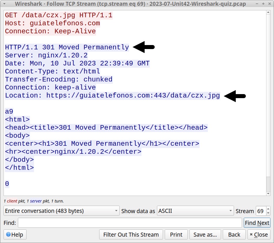 画像 6 は、Wireshark の TCP ストリーム ウィンドウのスクリーンショットです。1 つめの黒い矢印は HTTP URL を指しています。2 つめの黒い矢印はリダイレクト先の HTTPS の URL 行を指しています。この HTTPS の URL は、既知の RedLine Stealer マルウェア バイナリーの URL であることが報告されています。