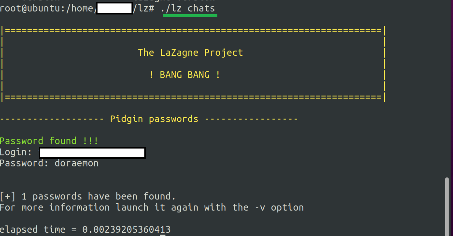 画像 1 は、LaZagne プロジェクトがアカウント クレデンシャルを取得しているスクリーンショットです。一部の情報は伏せられています。「Pidgin passwords」の下に、「Password found (パスワードが見つかった)」という通知が表示され、ログイン名 (伏せ字) とパスワードが記載されています。また、-v オプションを使えば、プログラムを再スタートできます。経過時間も表示されています。