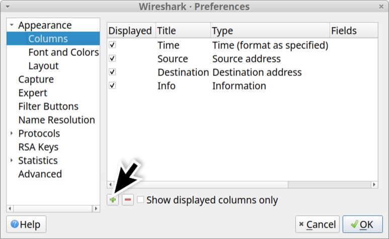 画像 13 は、Wireshark の [Preferences (設定)] ウィンドウです。左側の [Appearance (外観)] メニューで [Columns (列)] が選択されています。黒い矢印は、緑色の [+] を選択して Wireshark のパケット一覧部に新しい列を追加するようすを示しています。