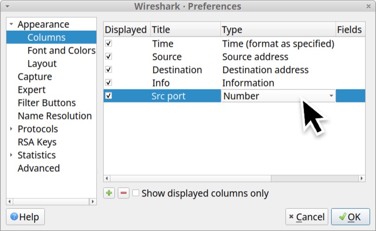 画像 15 は、Wireshark の [Preferences (設定)] ウィンドウです。左側の [Appearance (外観)] メニューで [Columns (列)] が選択されています。黒い矢印は、作成された新規列の種別が「Number (数値)」であることを示します。[題名 (Title)] は「Src port」に変更されています。