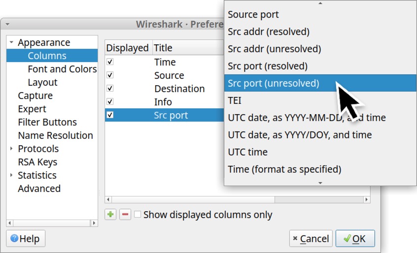 画像 16 は、Wireshark の [Preferences (設定)] ウィンドウです。左側の [Appearance (外観)] メニューで [Columns (列)] が選択されています。黒い矢印は [Type (種別)] に「Src port (unresolved)」を選ぶ方法を示しています。