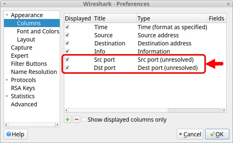 画像 18 は、Wireshark の [Preferences (設定)] ウィンドウです。左側の [Appearance (外観)] メニューで [Columns (列)] が選択されています。赤い四角形と赤い矢印は、新しい列が作成されてパケット一覧部に追加されたことを示しています。作成されたのは「Src port」列と「Dst Port」列です。どちらも「unresolved (名前解決を行わない)」に設定してあります。