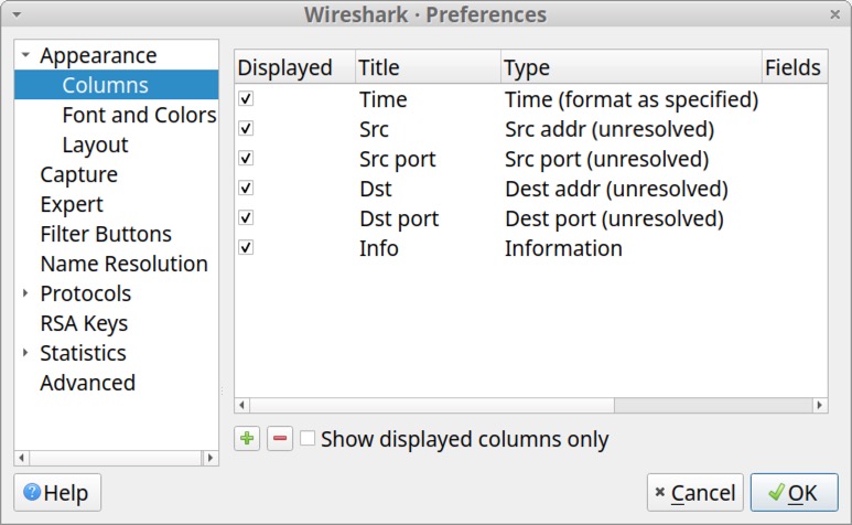 画像 20 は、Wireshark の [Preferences (設定)] ウィンドウです。左側の [Appearance (外観)] メニューで [Columns (列)] が選択されています。列がカスタマイズした順序で表示されるようになりました。ここでは上から下に Time、Src、Src port、Dst、Dst port、Info が表示されています。