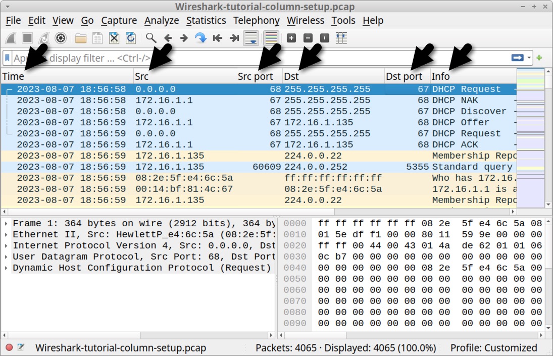 画像 21 は、Wireshark のパケット一覧部に追加された新しい列を示しています。黒い矢印はその名前と順序を示しています。