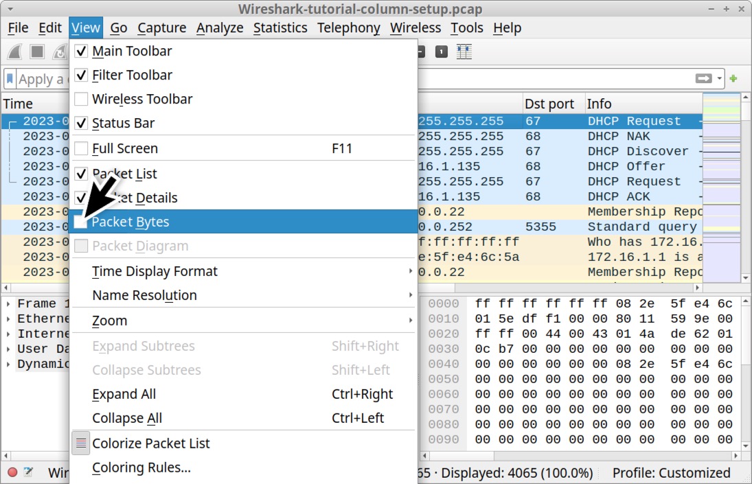画像 24 は Wireshark のスクリーンショットです。[View (表示)] メニューの下の黒い矢印は、[Packet Byte (パケット バイト列]のチェックを外すことを示しています。