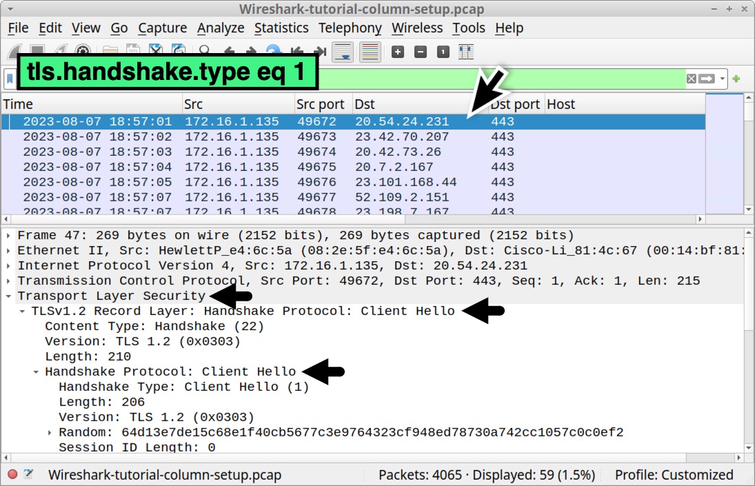 画像 27 は Wireshark のスクリーンショットです。黒い矢印はある 1 行が選択されていることを示します。下部ペインの 3 つの黒い矢印はその行の詳細を示しています。図には、Transport Layer Security、TLSv1.2 Record Layer、Handshake Protocol が表示されています。使用した表示フィルター: tls.handshake.type. eq 1 