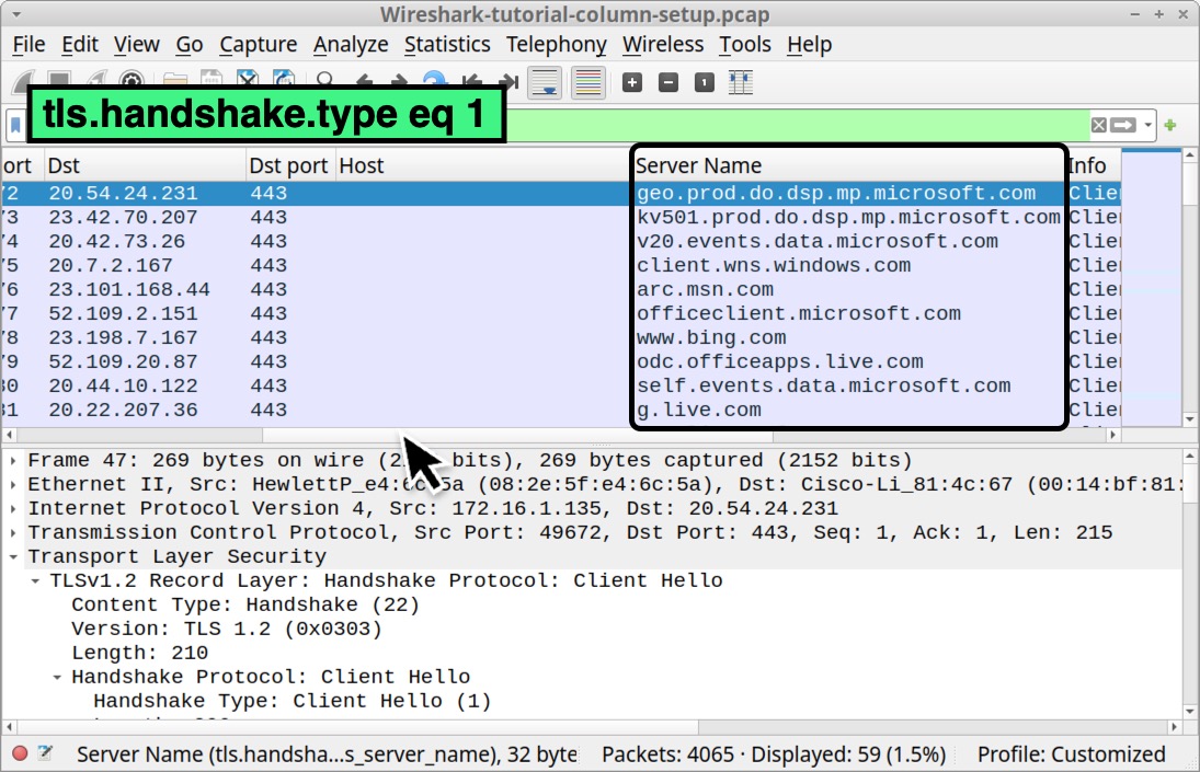 画像 29 は Wireshark のスクリーンショットです。黒い四角形が新しい列の「Server Name」を示しています。使用した表示フィルター: tls.handshake.type. eq 1