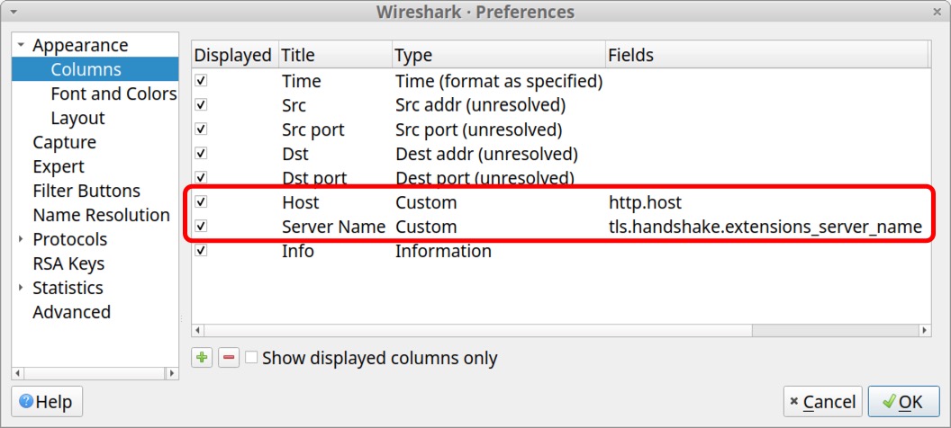画像 30 は、Wireshark の [Preferences (設定)] ウィンドウのスクリーンショットです。赤い四角形が、パケット一覧部の [Host] 列、[Server Name] 列に対応する 2 行の設定内容を強調表示しています。これら 2 行の [Type (種別)] は両方「Custom (カスタム)」になっています。