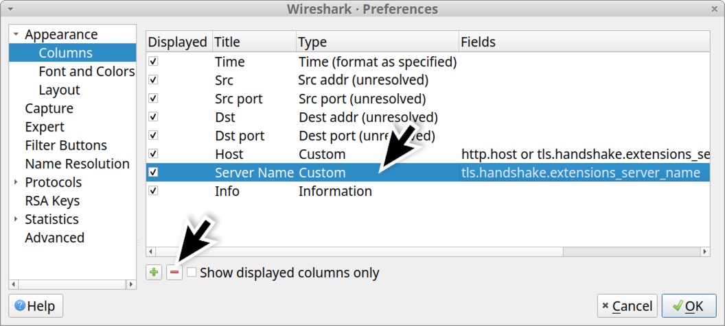 画像 33 は、Wireshark の [Preferences (設定)] ウィンドウのスクリーンショットです。カスタムで作った [Server Name] の列が削除されたところです。対象の行が選択され、黒い矢印が赤い [-] をクリックしています。