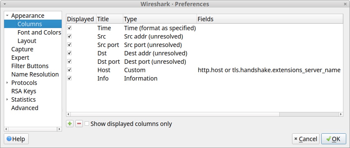 画像 34 は、Wireshark の [Preferences (設定)] ウィンドウのスクリーンショットです。更新された列表示は、 Time、Src、Src port、Dst、Dst port、Host、Info になりました。
