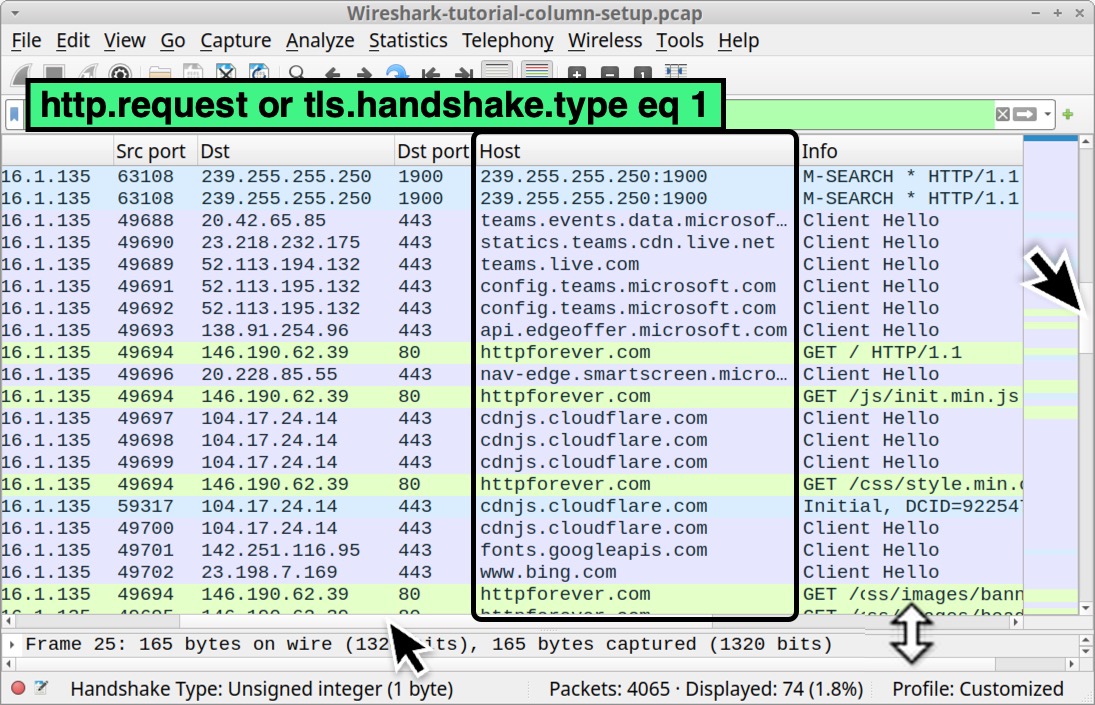 画像 35 は、更新された [Host] 列を表示している Wireshark のスクリーンショットです。図は黒い四角形で強調表示されています。使用されている表示フィルタは 「http.request or tls.handshake.type eq 1」です。