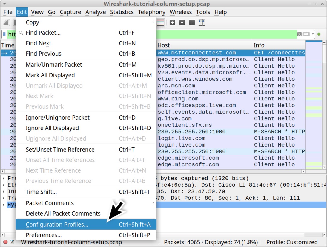 画像 38 は Wireshark のスクリーンショットです。黒い矢印が、[Edit (編集)] メニューから [Configuration Profiles (設定プロファイル)] を選択しているところを示しています。