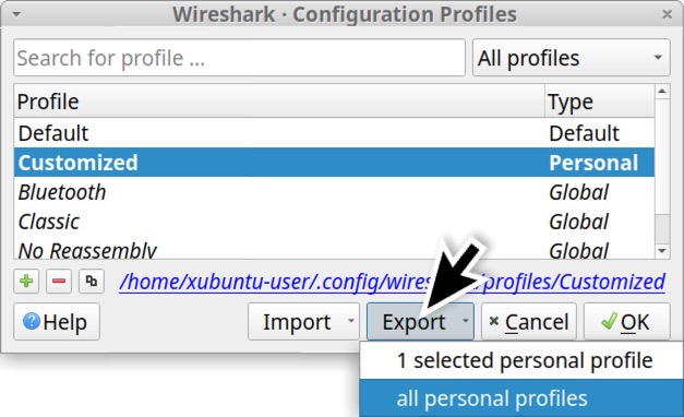 画像 39 は、Wireshark の [Configuration Profiles (設定プロファイル)] メニューのスクリーンショットです。青で強調表示されているのは、[Costomized]という個人用のカスタマイズしたプロファイルです。黒い矢印は、ドロップダウン メニューから [all personal profiles (すべての個人プロファイル)] が選ばれた状態で、[Export (エクスポート)] を選択ぶようすを示しています。