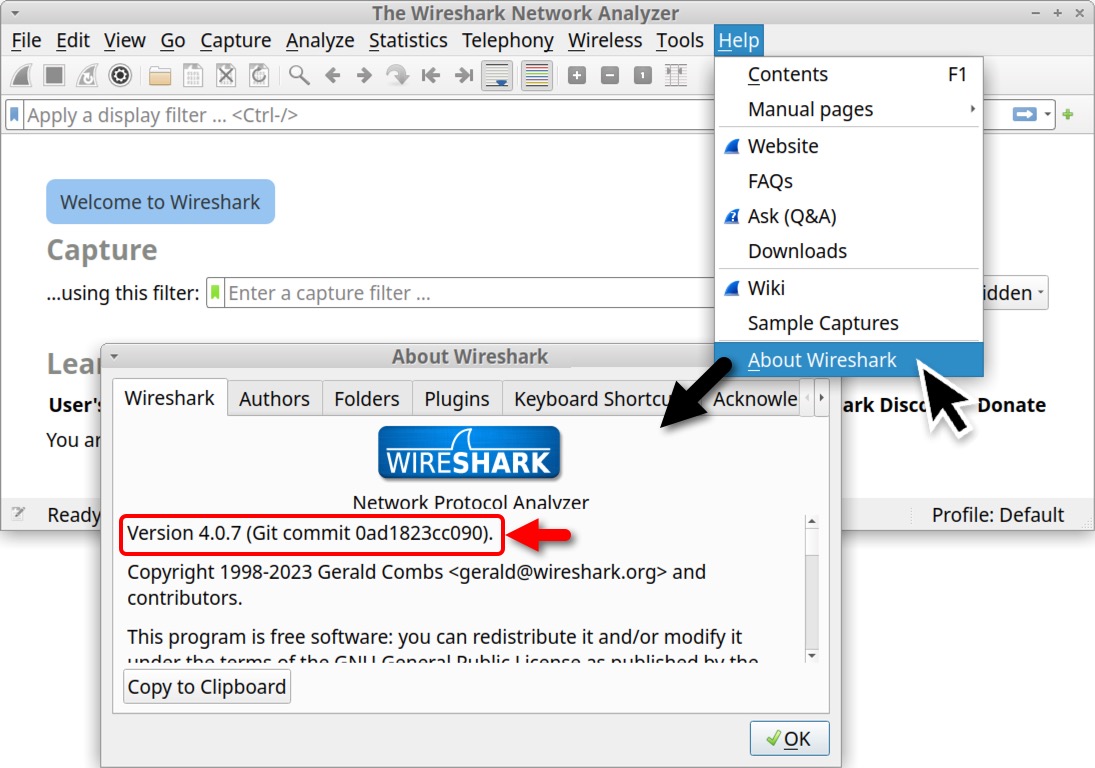 画像 4 は、[Welcome to Wireshark (Wireshark へようこそ)] のスクリーンショットです。[Help (ヘルプ)] メニューが選択されています。黒い矢印は [About Wireshark] を選択するよう示しています。[About Wireshark] メニューのポップアップに最初のタブである [Wireshark] が表示されています。バージョン番号が赤い四角形と赤い矢印で示されています。ここではバージョン 4.0.7 です。