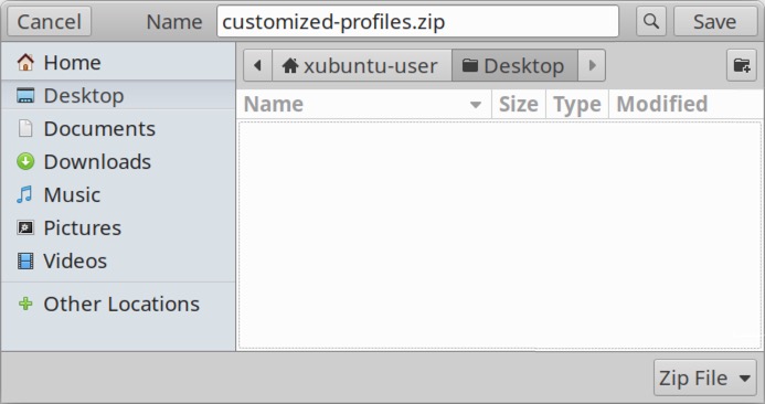 画像 40 は、エクスポートされたプロファイルを Wireshark から zip として保存する方法を示しています。ここでは zip ファイル名を「customized-profile.zip」にしてあります。また zip ファイルの保存場所としてデスクトップが選択されています。