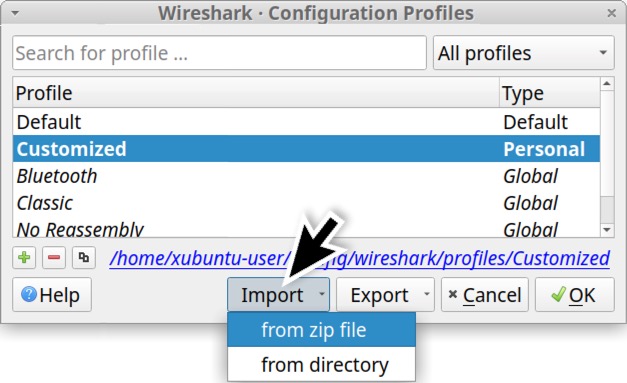 画像 41 は、zip から Wireshark にプロファイルをインポートする方法を示しています。黒い矢印で示されているのは [Import (インポート)] ボタンです。ここではドロップダウン メニューから [from zip file (zip ファイルより)] を選んでいます。