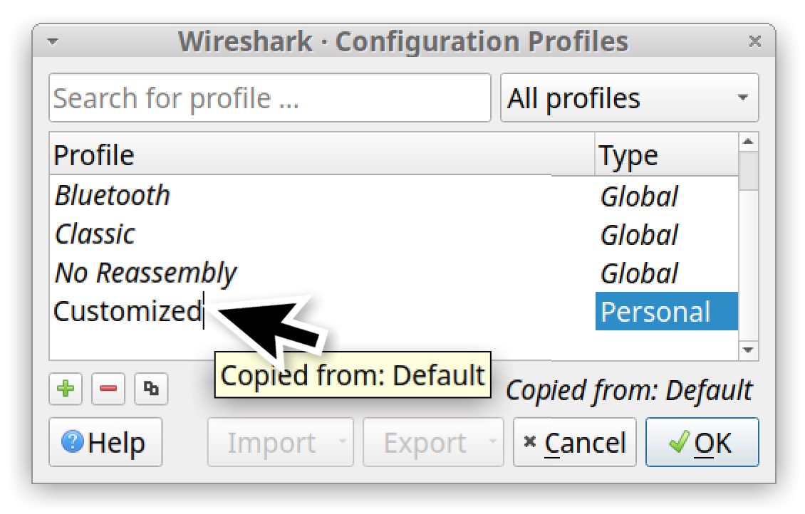 画像 6 は、Wireshark の設定プロファイル ウィンドウのスクリーンショットです。黒い矢印は新しくカスタマイズした設定プロファイルを示しています。[種別] は「Personal (個人)」です。ツールチップには、この設定プロファイルが「Default」からのコピーであることが記載されています。