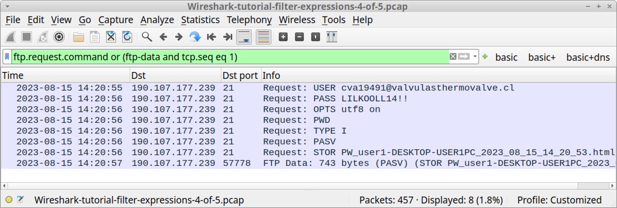 画像 18 は Wireshark のスクリーンショットです。「ftp.request.command or (ftp-data and tcp.seq eq 1)」というフィルターを使って FTP のアクティビティ フローを確認できます。 