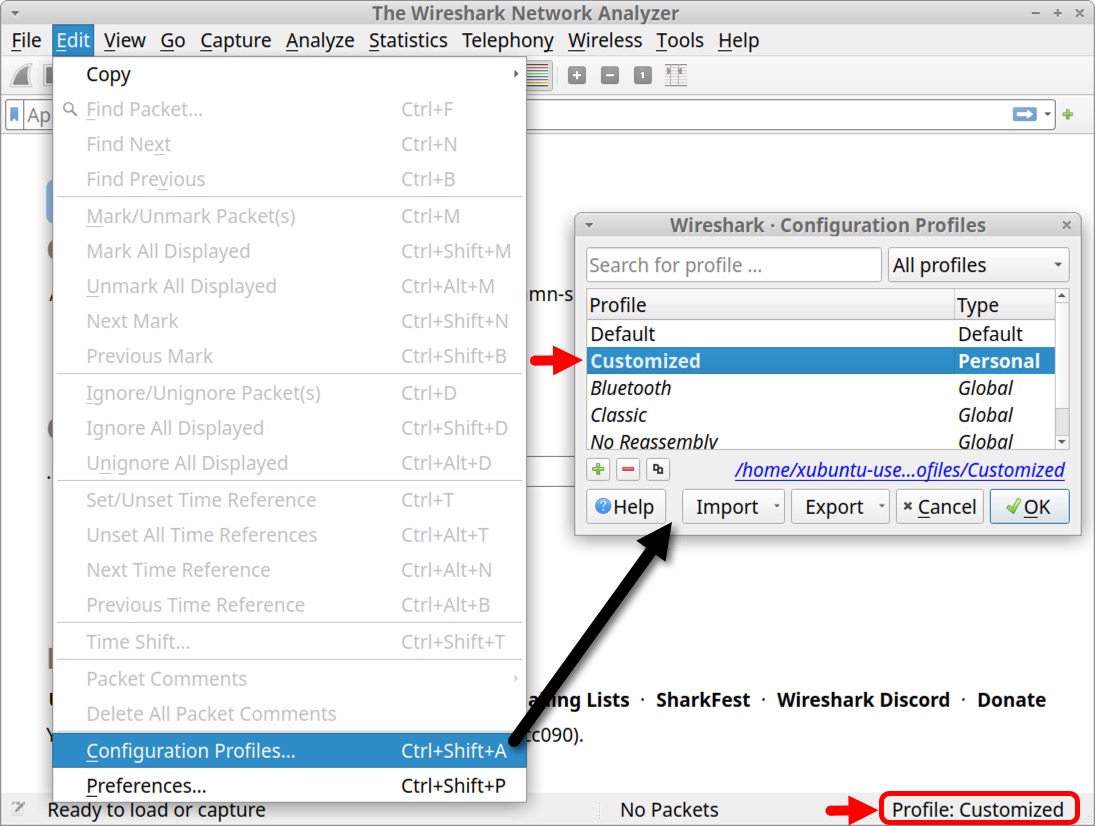 画像 2 は Wireshark のスクリーンショットです。[Edit (編集)]メニューから [Configuration Profiles (設定プロファイル)] を選択しています。スクリーンショットには、設定プロファイルのポップアップ ウィンドウが表示されています。赤い矢印は、カスタマイズされたプロファイルが選択されている状態を示しています。右下の赤い矢印はステータスバーを指しており、現在使っている設定プロファイルがカスタマイズされたものであることを示しています。