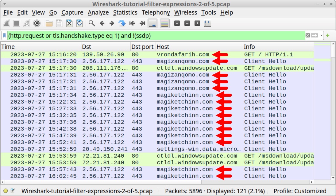 画像 9 は Wireshark のスクリーンショットです。トラフィックの行を指す赤い矢印が IcedID 感染に関連するドメインを示している