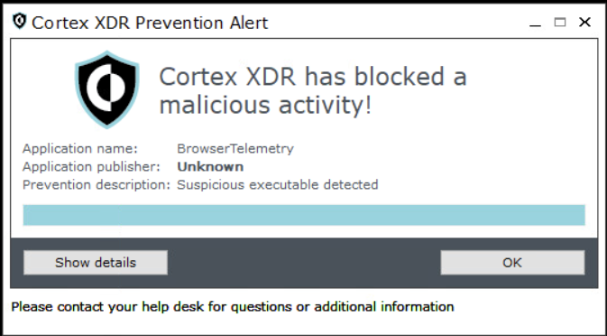 画像 9 は Cortex XDR の Prevention Alert ウィンドウのスクリーンショットです。Cortex XDR has blocked a malicious activity!Application name: BrowserTelemetryApplication publisher: UnknownPrevention description: Suspicious executable detected[Show (詳細を表示)] と [OK] の 2 つのボタンがあります。 