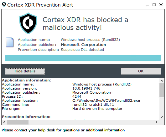 画像 16 は Cortex XDR Prevention Alert ウィンドウのスクリーンショットです。Cortex XDR has blocked a malicious activity!Application name: Windows host process (Rundll32)Application publisher: Microsoft CorporationPrevention description: Suspicious DLL detected[Hide details (詳細を隠す)] ボタンの下には詳細情報が表示されています。その内容は、アプリケーション名、アプリケーションのバージョン、アプリケーションの発行者、プロセス ID、アプリケーションの場所、コマンド ライン、ファイルの生成元などです。