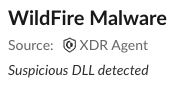 画像 1b は Cortex XDR のテキストのスクリーンショットです。WildFire MalwareSource: XDR agentSuspicious DLL detected