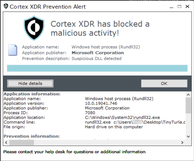 画像 25 は、Cortex XDR Prevention Alert ウィンドウのスクリーンショットです。Cortex XDR has blocked a malicious activity!Application name: Windows host process (Rundll32)Application publisher: Microsoft CorporationPrevention description: Suspicious DLL detected