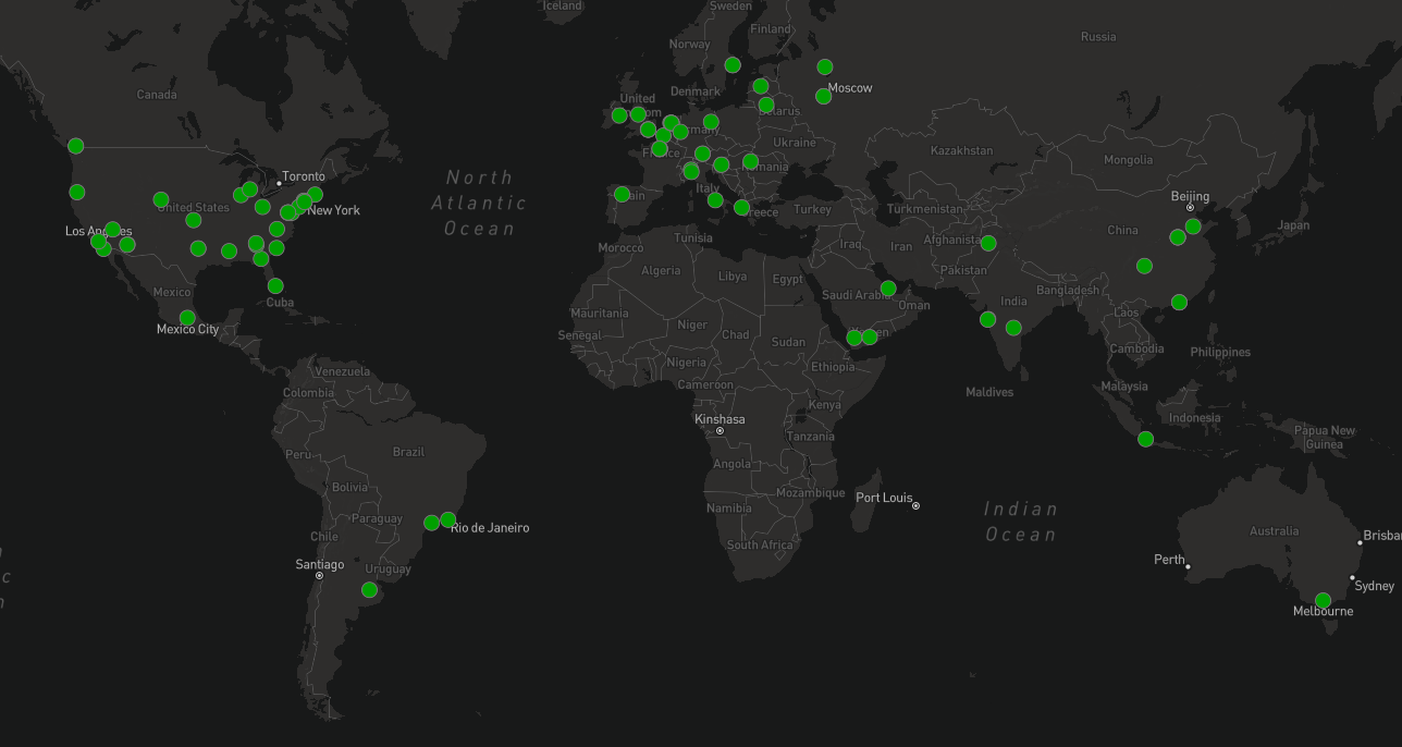 画像 21 はピアの分布マップです。緑色の点はアクティビティのあった場所を表します。これらの場所には、ヨーロッパ、米国、オーストラリアのメルボルン、アジアおよび東南アジアの一部の場所が含まれます。