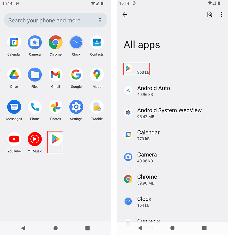 画像 6 は、2 つのモバイルフォンのスクリーンショットを並べたものです。左側は基本的なアプリケーションの画面です。赤いボックスで強調表示されているのは、Google Play ストア ボタンです。右側にはすべてのアプリのリストがあります。Google Play ストア ボタンが赤色で強調表示されています。これには説明が付与されておらず、サイズは 360 kB です。