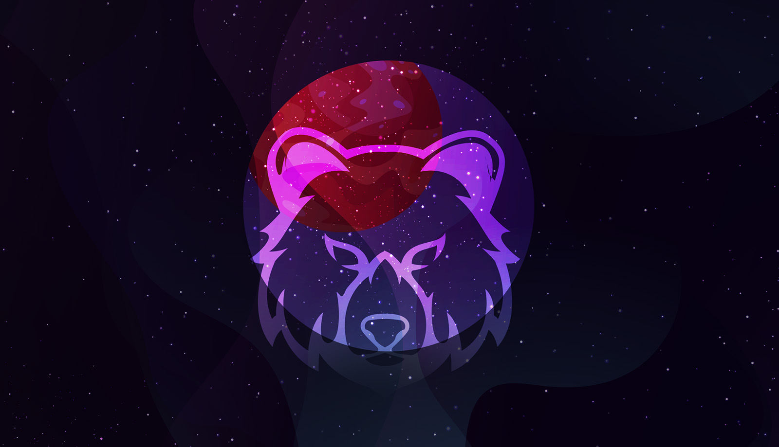 A purple illustrated bear against a night sky with stars. Its head is inset in a red circle. The constellation ursa.