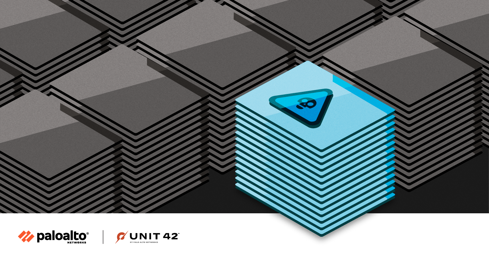 A pictorial representation of a vulnerability like CVE-2023-20198. Stacks of dark folders. One stack of blue folders has a skull within a triangle. The Unit 42 and Palo Alto Networks logo lockup.