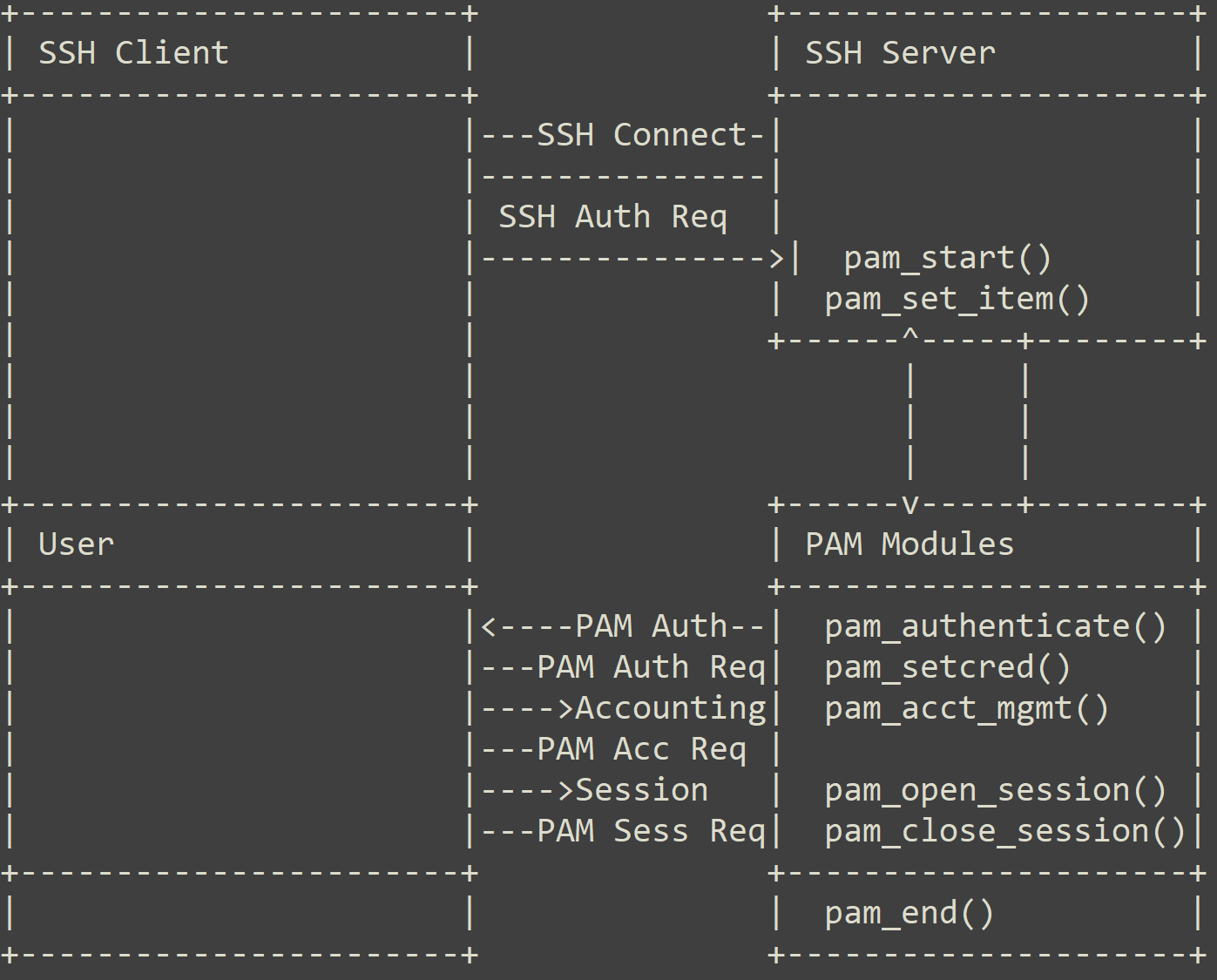 画像 1 は、PAM を使った SSH 認証プロセスのフレームワークです。SSH クライアントが SSH サーバーに接続し、そこからユーザーを認証する PAM モジュールへとプロセスが流れていきます。 