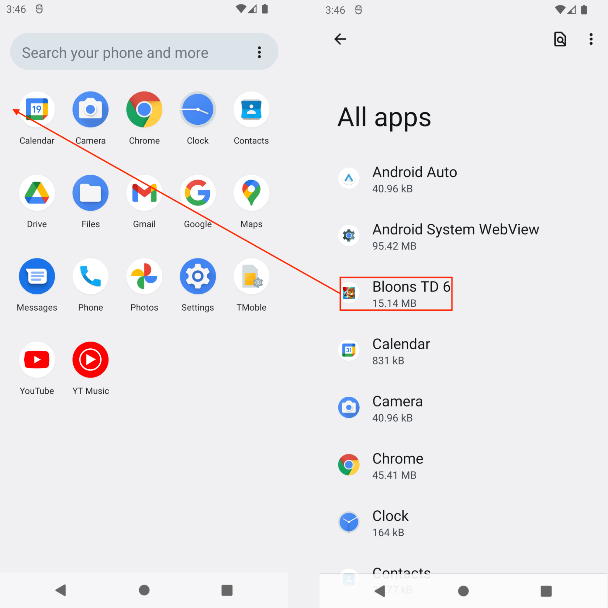 画像 9 は、Android ランチャー メニューとアプリケーションのスクリーンショットです。赤いフィールドは、Bloons TD 6 アプリケーションを強調表示しています。赤い矢印はアプリケーションのリストを示しています。