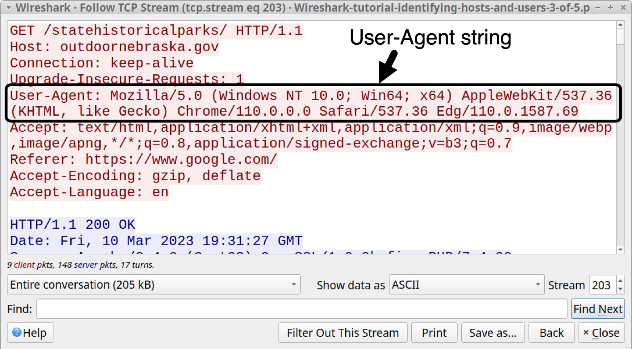 画像 10 は、Wireshark の TCP ストリーム ウィンドウのスクリーンショットです。黒い四角形と矢印で強調表示されているのは、User-Agent 文字列です。 