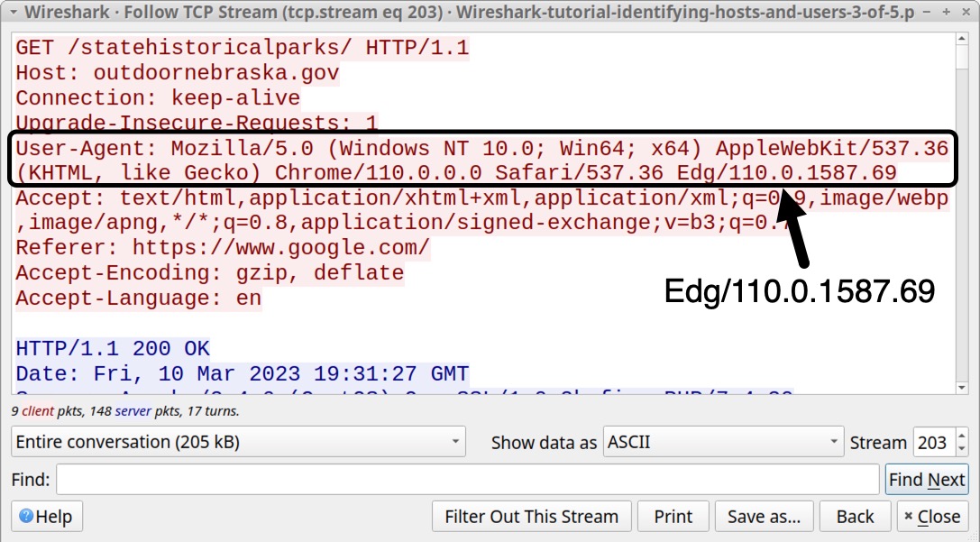 画像 11 は、Wireshark の TCP ストリーム ウィンドウのスクリーンショットです。黒い四角形と矢印で強調表示されているのは、User-Agent 文字列です。最後の文字は Web ブラウザー を Edg/110.0.1587.69 として識別しています。この場合は Microsoft Edge です。 