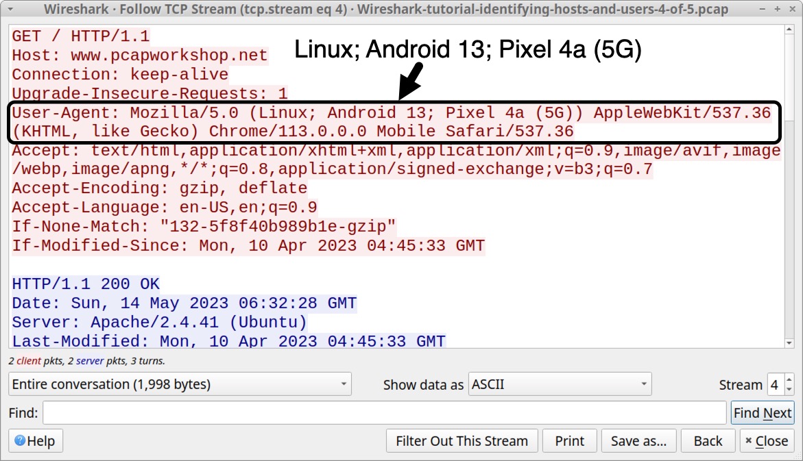 画像 13 は、Wireshark TCP ストリーム ウィンドウのスクリーンショットです。黒い四角形と矢印で強調表示されているのは、User-Agent 文字列です。文字列から識別されたのは Linux; Android 13; Pixel 4a (5G) です。
