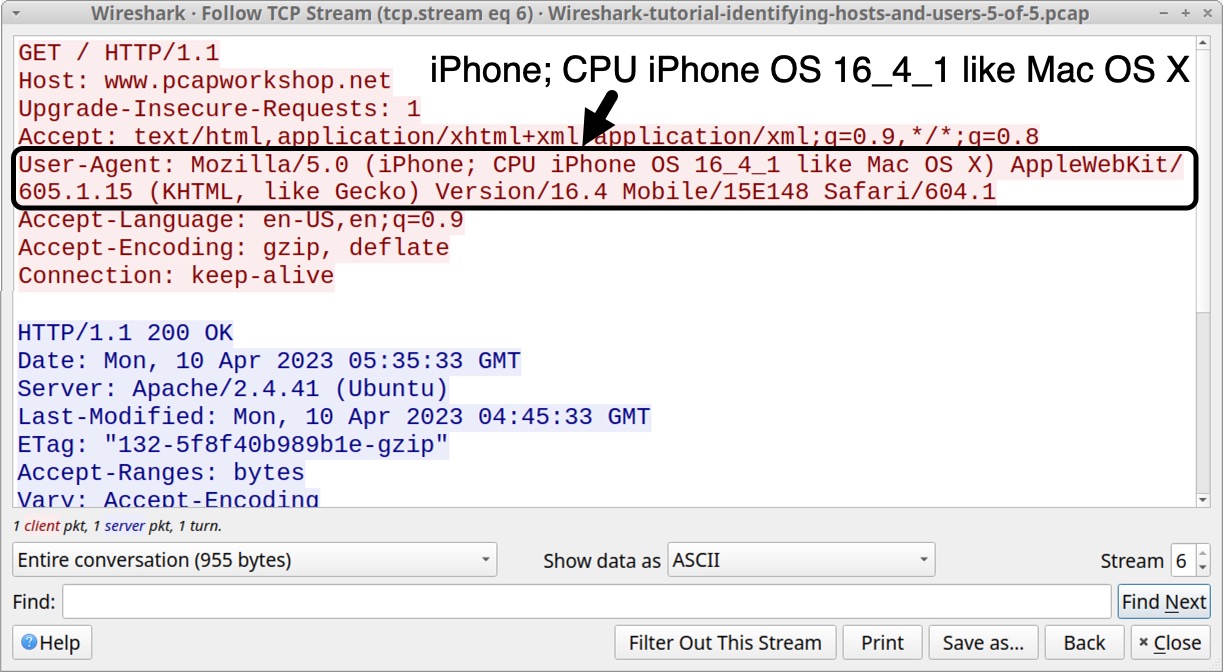 画像 15 は、Wireshark TCP ストリーム ウィンドウのスクリーンショットです。黒い四角形と矢印で強調表示されているのは、User-Agent 文字列です。文字列内で「iPhone; CPU iPhone OS 16_4_1 like Mac OS X」と識別されています。