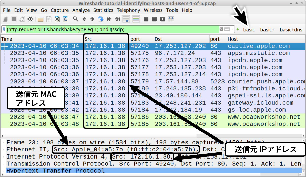 画像 2 は、Src の列が黒い四角形で強調表示されている Wireshark のスクリーンショットです。矢印は、下部ペインの送信元 MAC アドレスを強調表示しています。別の矢印は送信元 IP アドレスを強調表示しています。