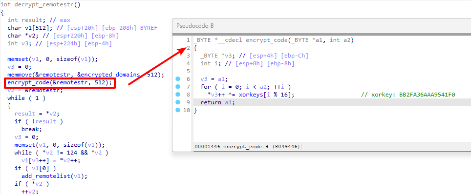 画像 6 は多数のコード行からなるスクリーンショットです。コードをさらに詳しく説明するために挿入されたウィンドウが表示されています。赤で強調表示されているのは、encrypt_code(&remotestr, 512) の行です。 