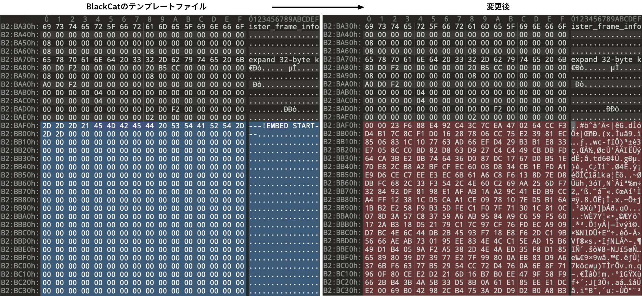 画像 3 は、2 つの BlackCat サンプルの比較です。左側は BlackCat のテンプレート ファイルです。その行の多くは青で強調表示されています。右は修正後のサンプルです。その行の多くは赤で強調表示されています。 