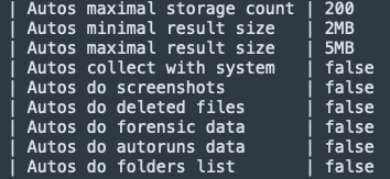 画像 16 は、Kazuar による Autos 機能構成のスクリーンショットです。この構成には、maximal storage count、result size、collect with system、do deleted files などのコマンド情報が含まれています。