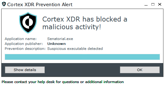 画像 23 は、Cortex XDR のアラート ウィンドウです。Cortex XDR has blocked a malicious activity!Application name: Senatorial.exe. Application publisher: UnknownPrevention description: Suspicious executable detected