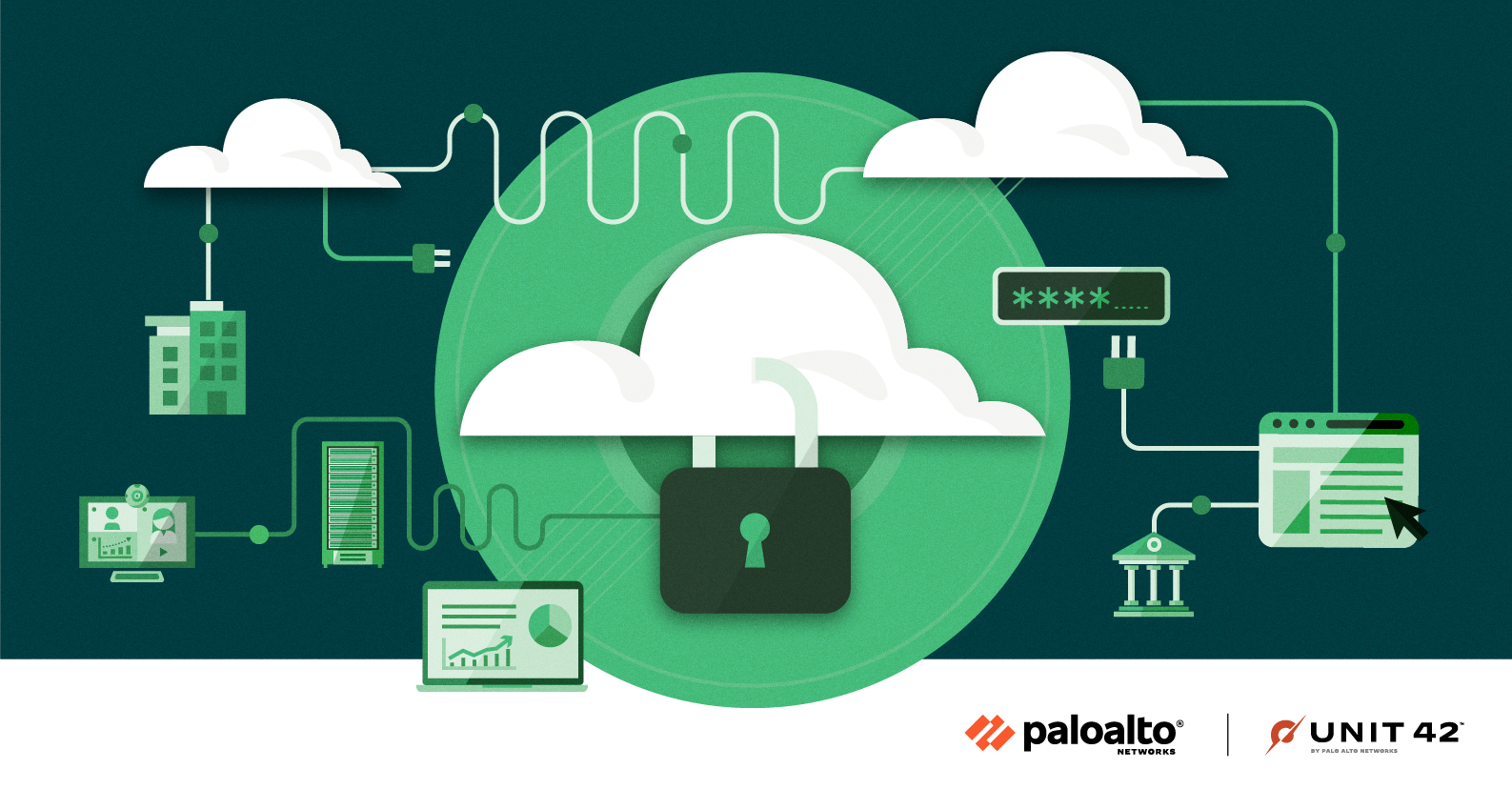 A pictorial representation of a vulnerability such as that found in Google Workspace. A stylized cloud with a lock hanging from it surrounded by technical tools. The Palo Alto Networks and Unit 42 logos.